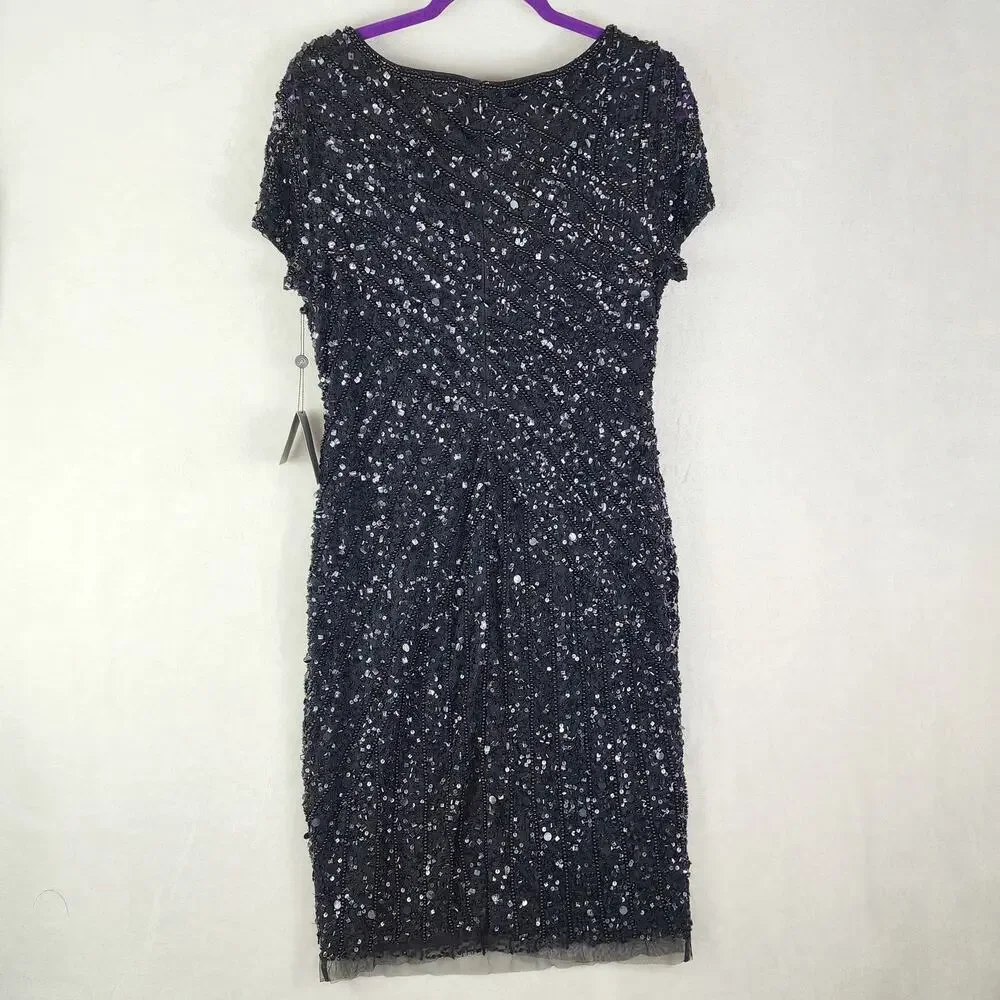 Adrianna Papell Cocktail Dress Women 14 Black Sequin & Beaded Mid Length Party